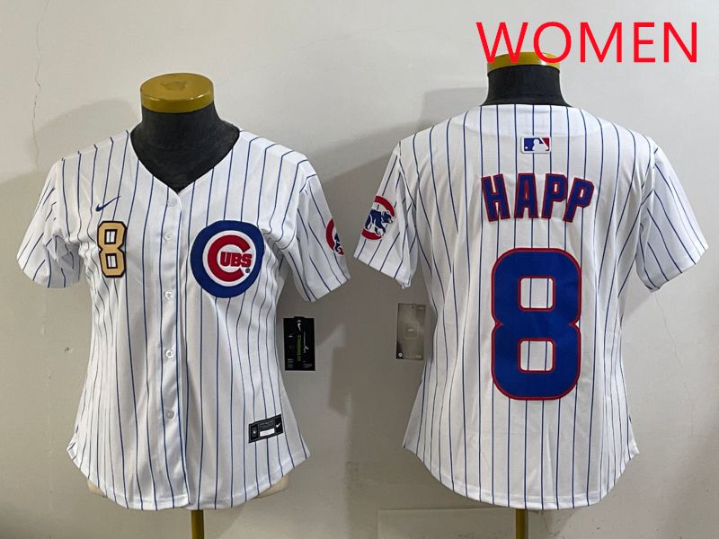Women 2025 Chicago Cubs #8 Happ White Stripe Game Nike MLB Jersey style 2->women mlb jersey->Women Jersey